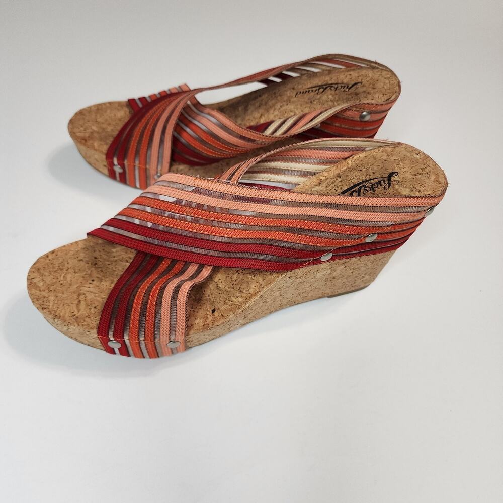 Lucky Brand Mykayla Cork Wedge Sandals Pink Red Stripe Size 8.5 *4inch Heel*